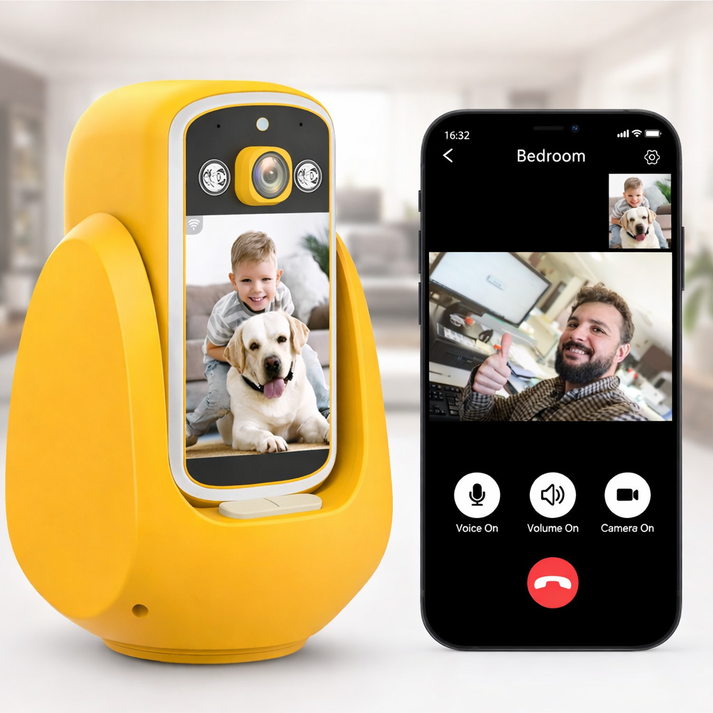 Videocamera di sicurezza indoor gialla con display frontale e app su smartphone in chiamata