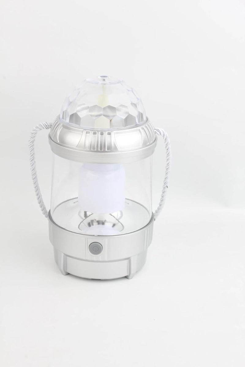 Proiettore LED da palco bianco con cupola trasparente sfaccettata e base compatta, corda