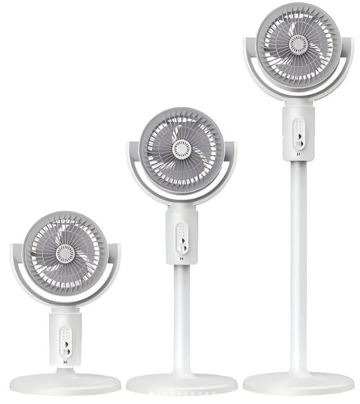 Set di tre ventilatori ricaricabili bianchi con base e griglie circolari