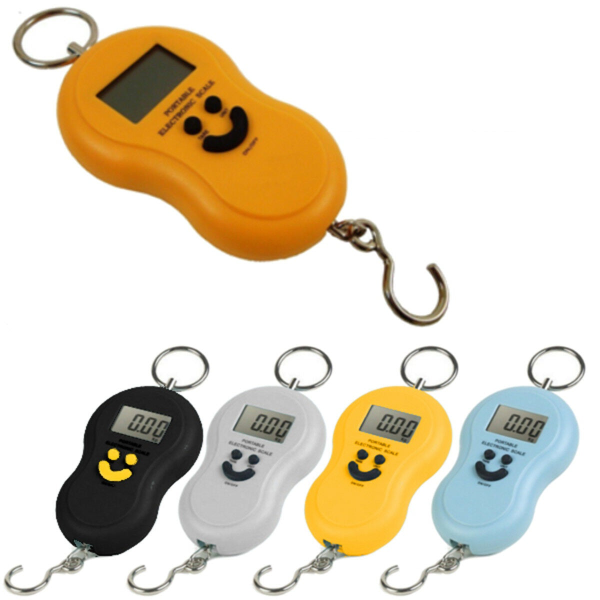 Bilancia elettronica portatile arancione con gancio; set di 4 colori