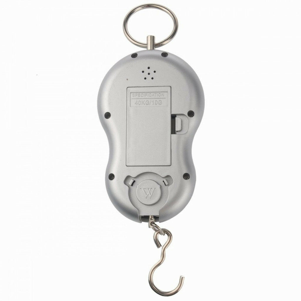 Bilancia elettronica portatile bianca retro con gancio e indicazione 40 kg