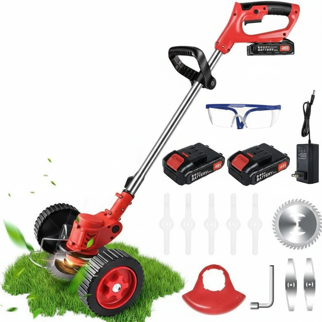 Decespugliatore a batteria rosso con asta telescopica, testina nera e accessori
