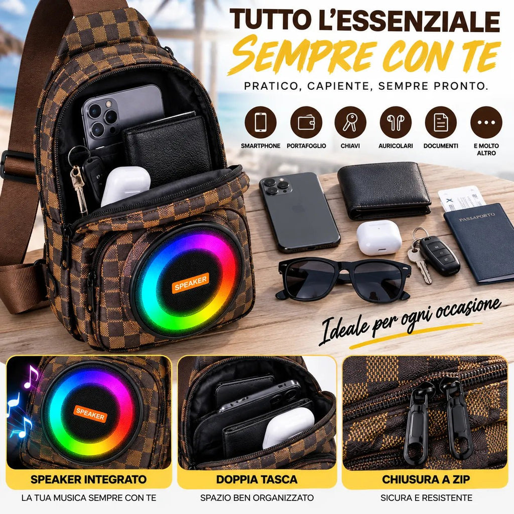Borsello a Tracolla con Speaker Bluetooth Integrato e Luci RGB – Zaino Monospalla Regolabile con Altoparlante, Borsa Crossbody Uomo per Viaggio, Mare e Tempo Libero - | Prendilo Subito