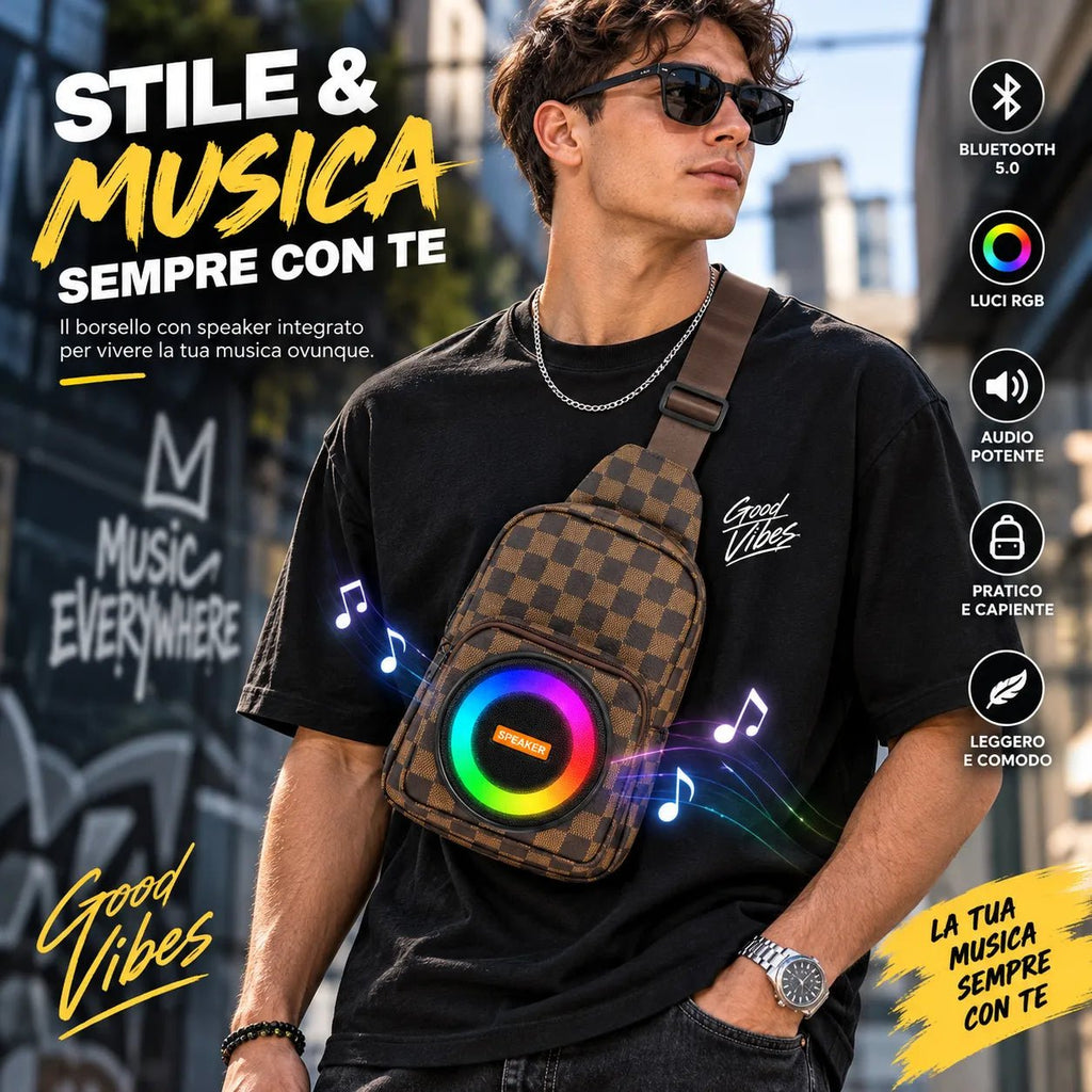 Borsello a Tracolla con Speaker Bluetooth Integrato e Luci RGB – Zaino Monospalla Regolabile con Altoparlante, Borsa Crossbody Uomo per Viaggio, Mare e Tempo Libero - | Prendilo Subito