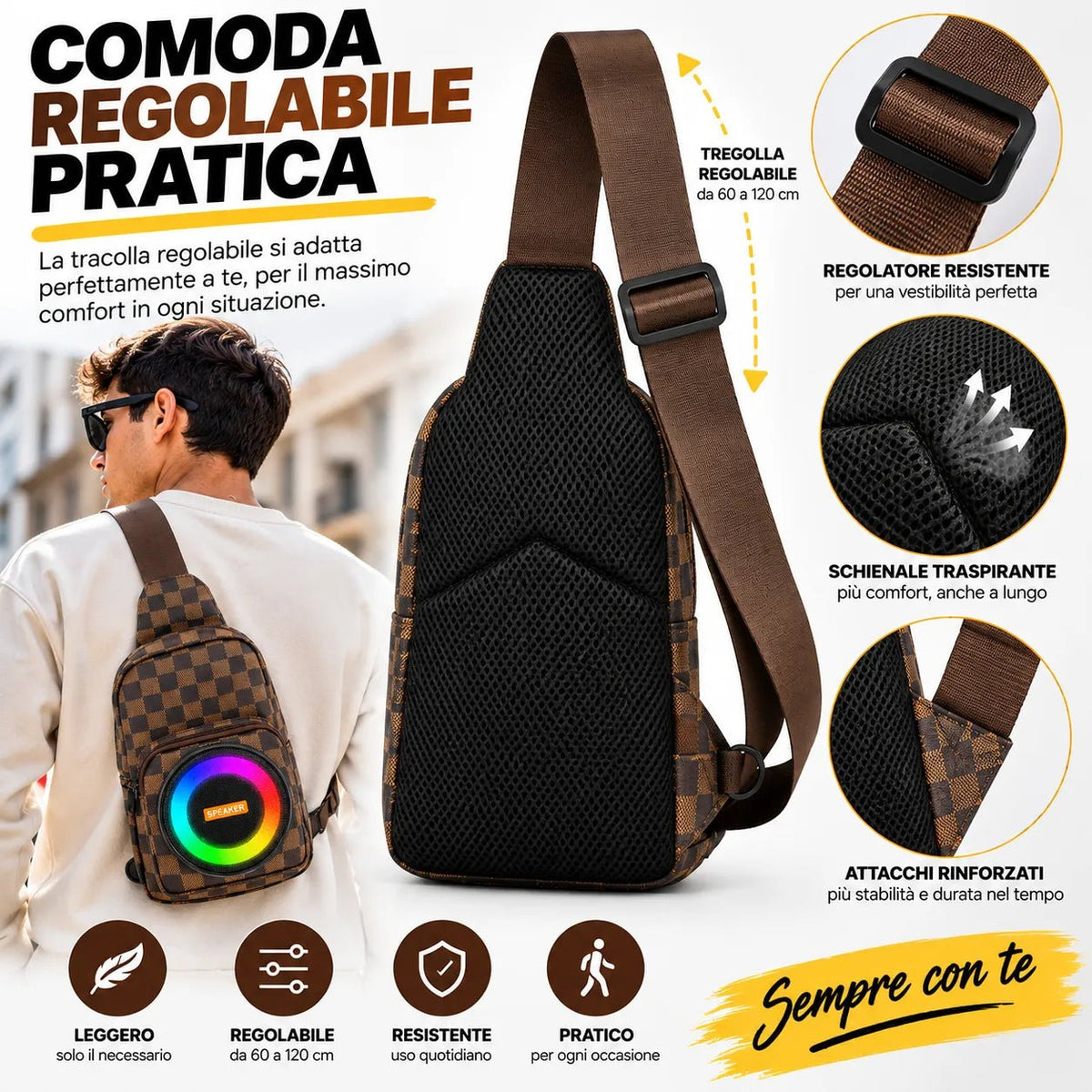 Borsello a Tracolla con Speaker Bluetooth Integrato e Luci RGB – Zaino Monospalla Regolabile con Altoparlante, Borsa Crossbody Uomo per Viaggio, Mare e Tempo Libero - | Prendilo Subito