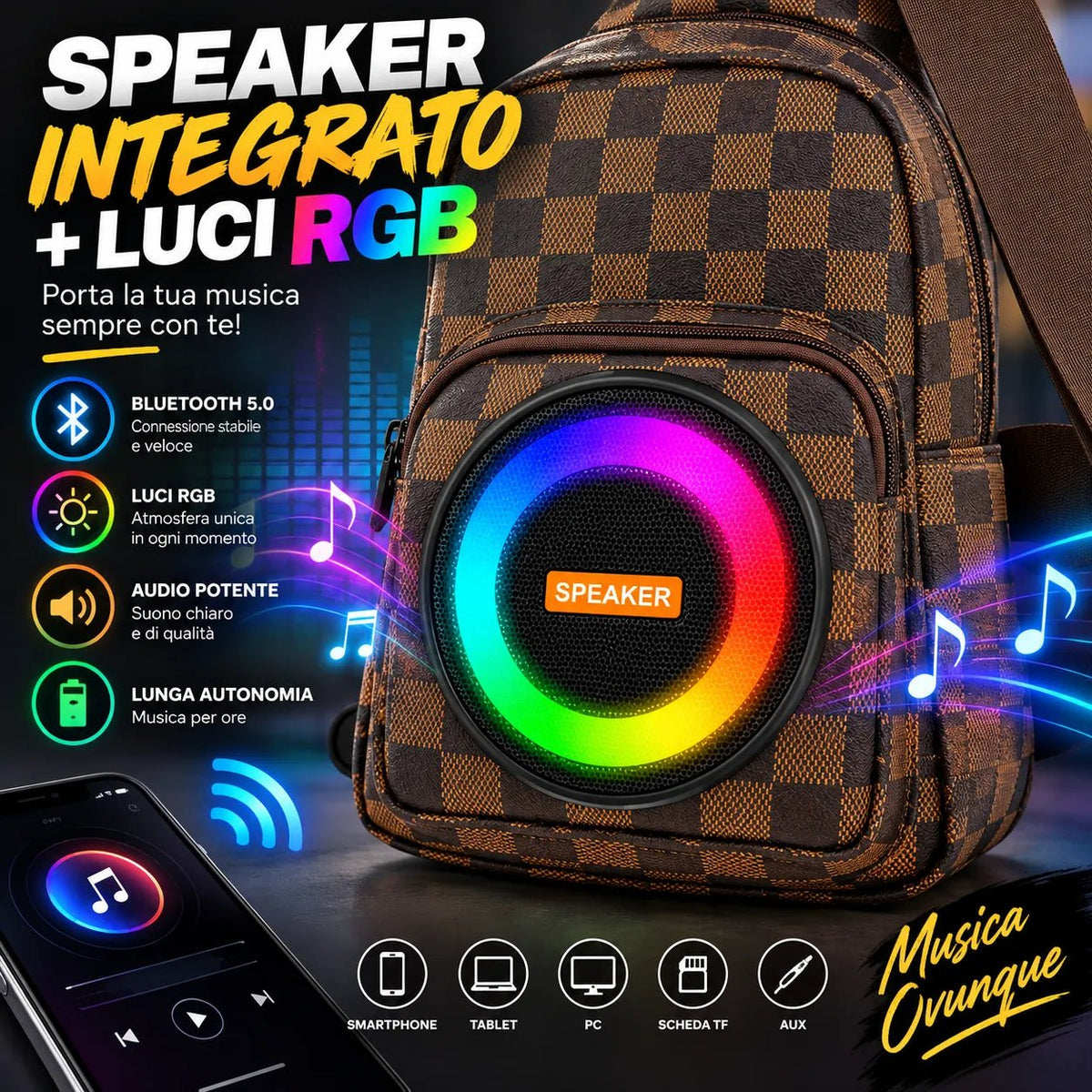 Borsello a Tracolla con Speaker Bluetooth Integrato e Luci RGB – Zaino Monospalla Regolabile con Altoparlante, Borsa Crossbody Uomo per Viaggio, Mare e Tempo Libero - | Prendilo Subito