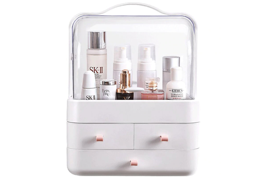 Organizer cosmetici a 3 cassetti, maniglia, coperchio trasparente bianco
