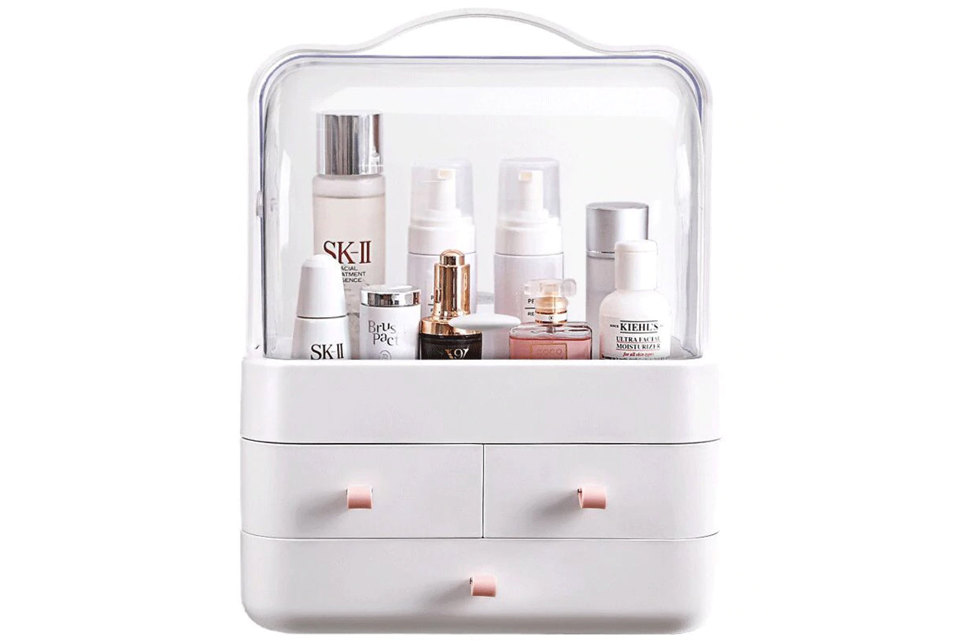 Organizer cosmetici a 3 cassetti, maniglia, coperchio trasparente bianco