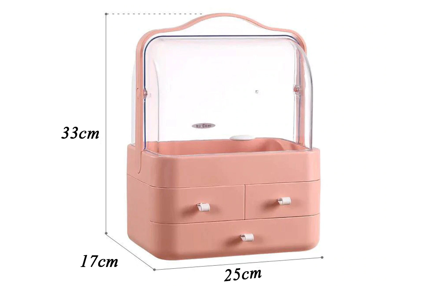 Organizer cosmetici a 3 cassetti, maniglia, coperchio trasparente rosa