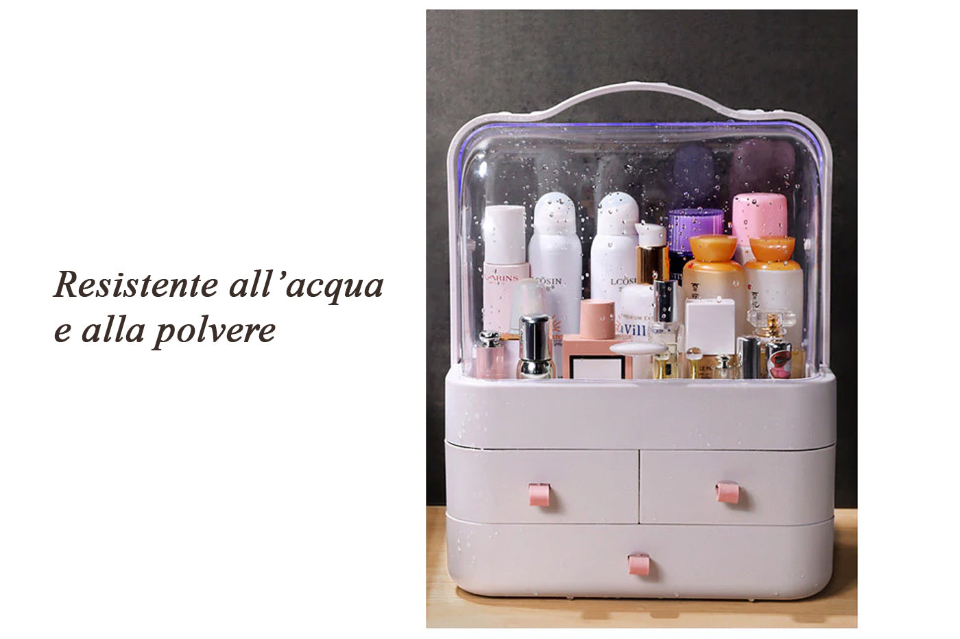 Organizer cosmetici a 3 cassetti, coperchio trasparente, base bianca
