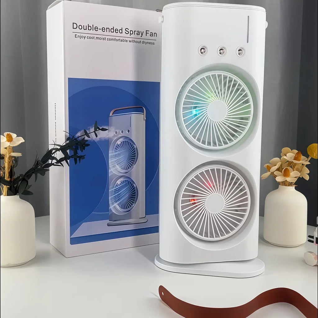 Ventilatore raffreddatore con doppia testa e display, corpo bianco e griglie circolari