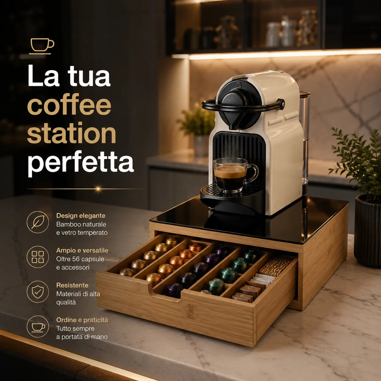 Cassetto portacapsule in bambù con piano in vetro, macchina caffè bianca e cassetto pieno