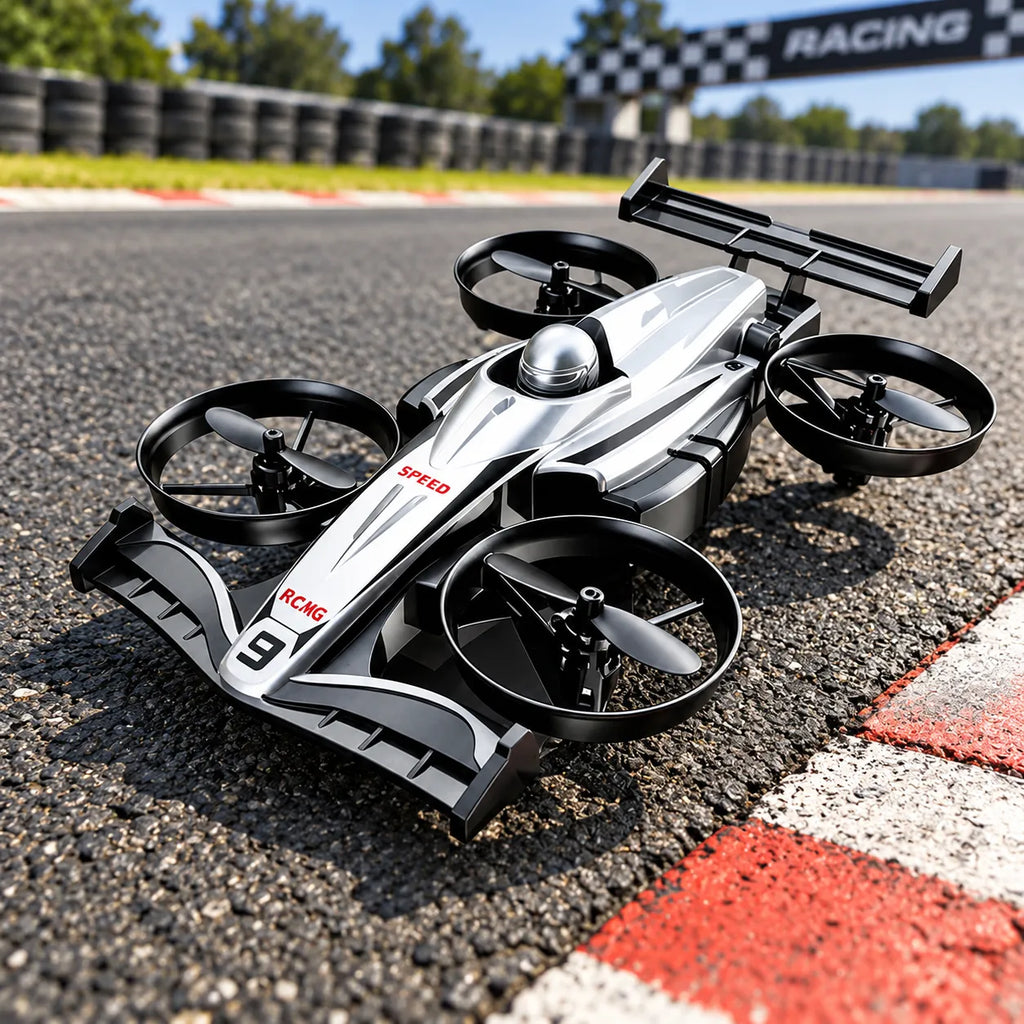 Quadricottero RC bianco con 4 eliche nere e struttura nera di protezione