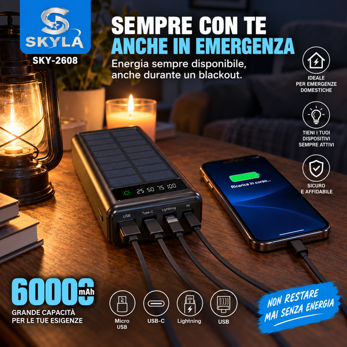 Power bank solare SKYLA SKY-2608 nero con pannello, display e telefono in ricarica.