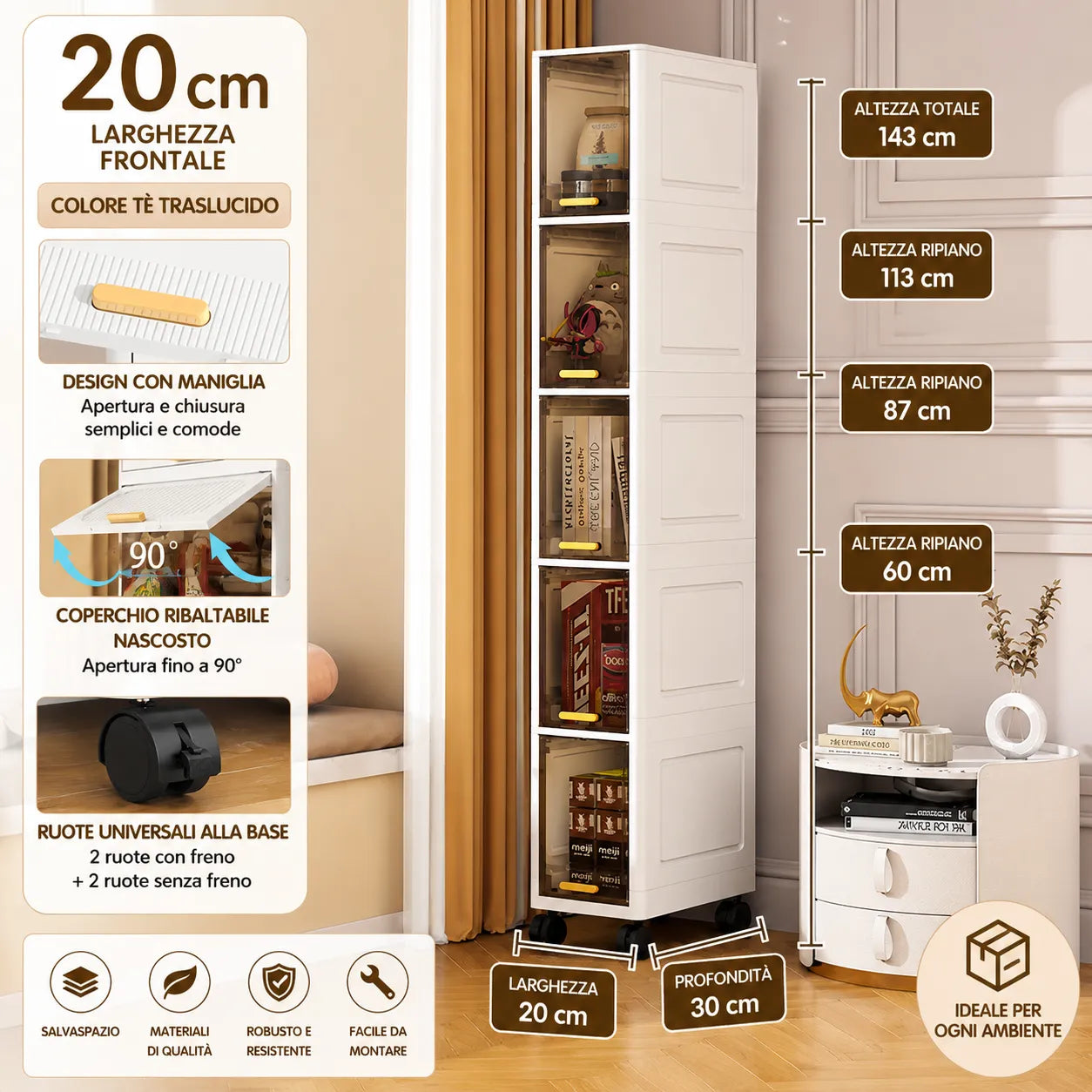 Mobiletto multiuso bianco alto con scaffali interni e cassetti inferiori su ruote