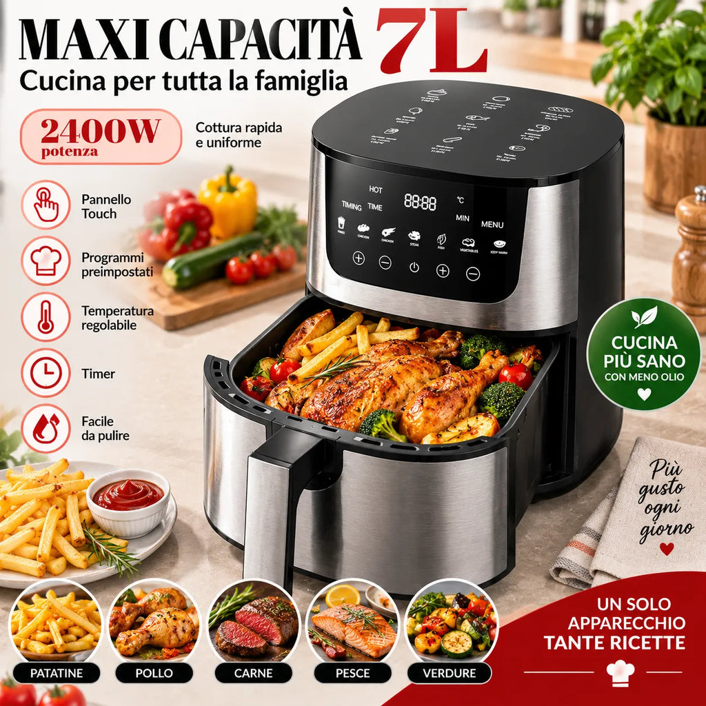 Friggitrice ad aria digitale 7L in acciaio con display touch e cestello con pollo