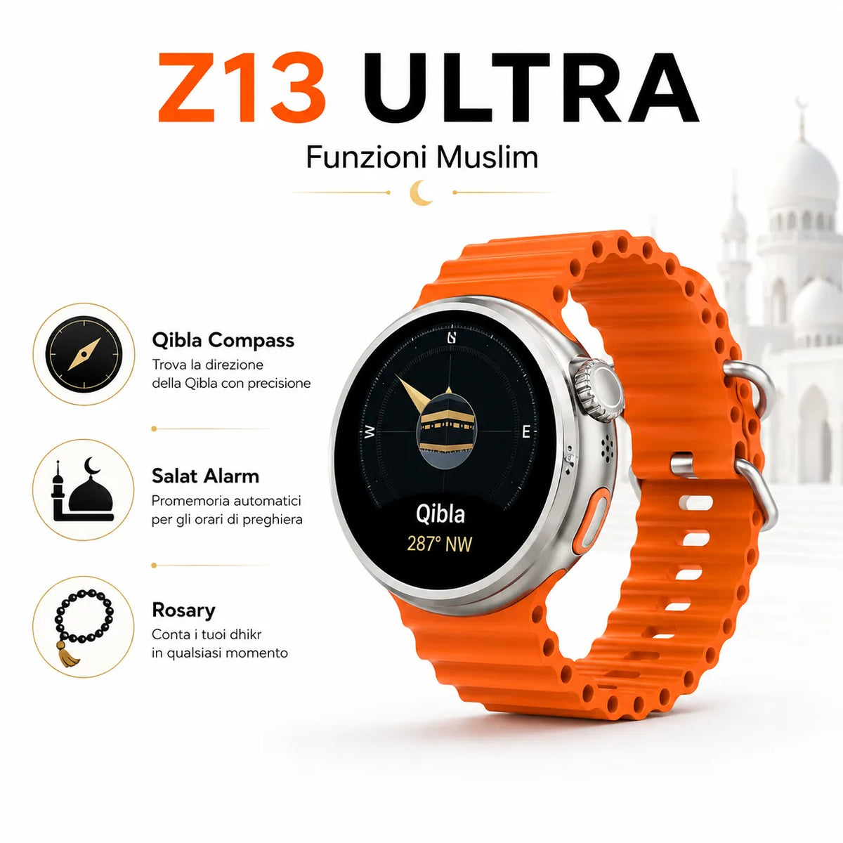 Smartwatch con cinturino arancione, bussola Qibla e promemoria preghiera