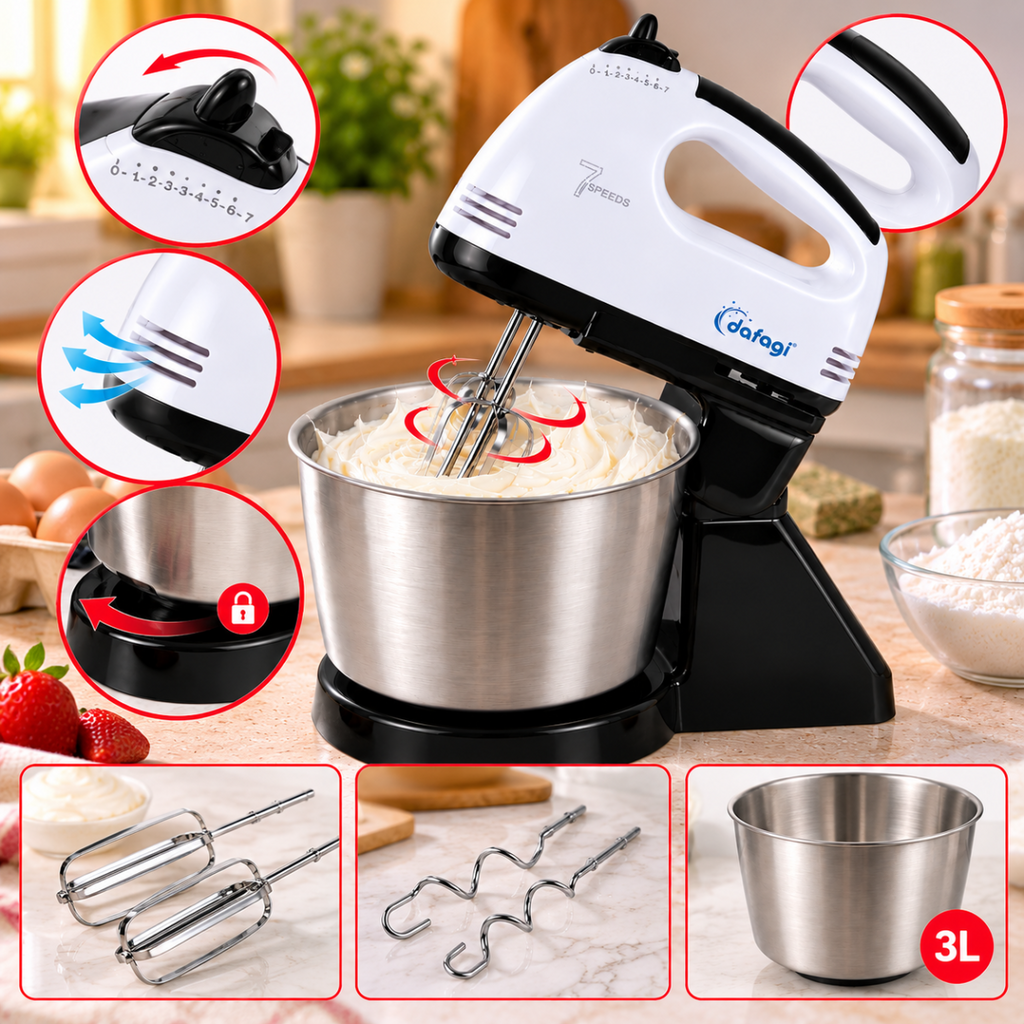 Sbattitore elettrico bianco/nero con ciotola inox 3L, fruste e ganci impastatori.