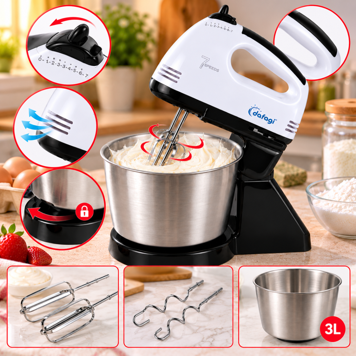 Sbattitore elettrico bianco/nero con ciotola inox 3L, fruste e ganci impastatori.