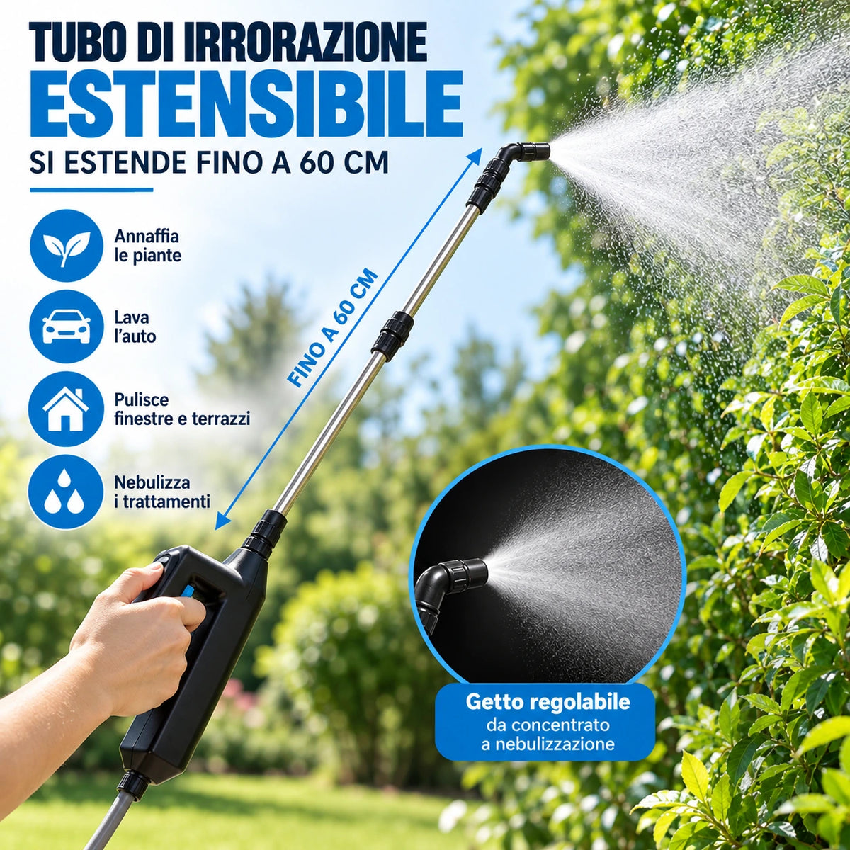 Spruzzatore elettrico estensibile fino a 60 cm, getto regolabile e testina nera
