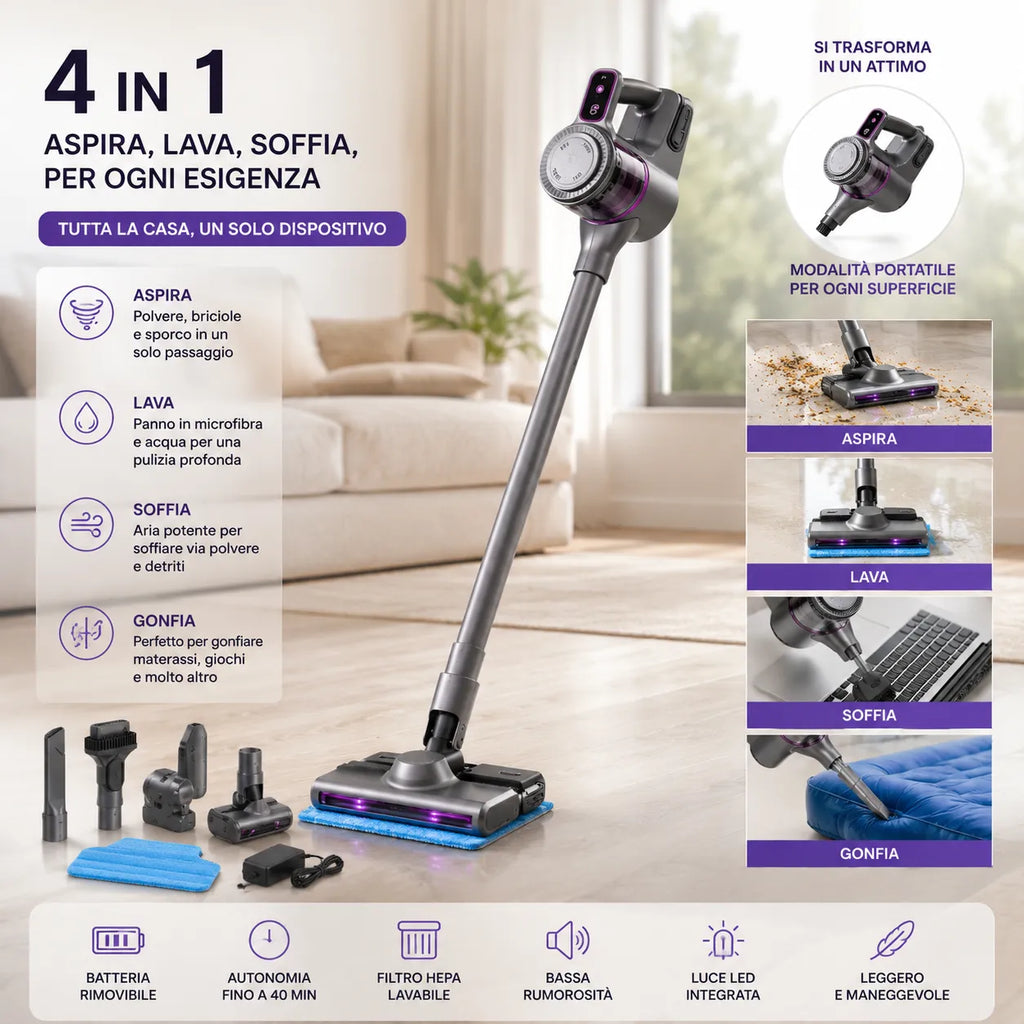 Aspirapolvere 4-in-1 senza fili con bocchetta lavapavimenti e panni in microfibra
