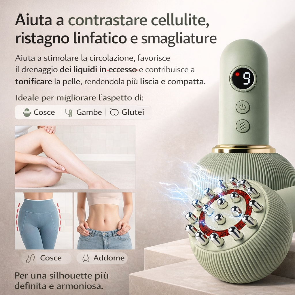 Massaggiatore elettrico verde a testina scanalata con display rosso e pulsanti