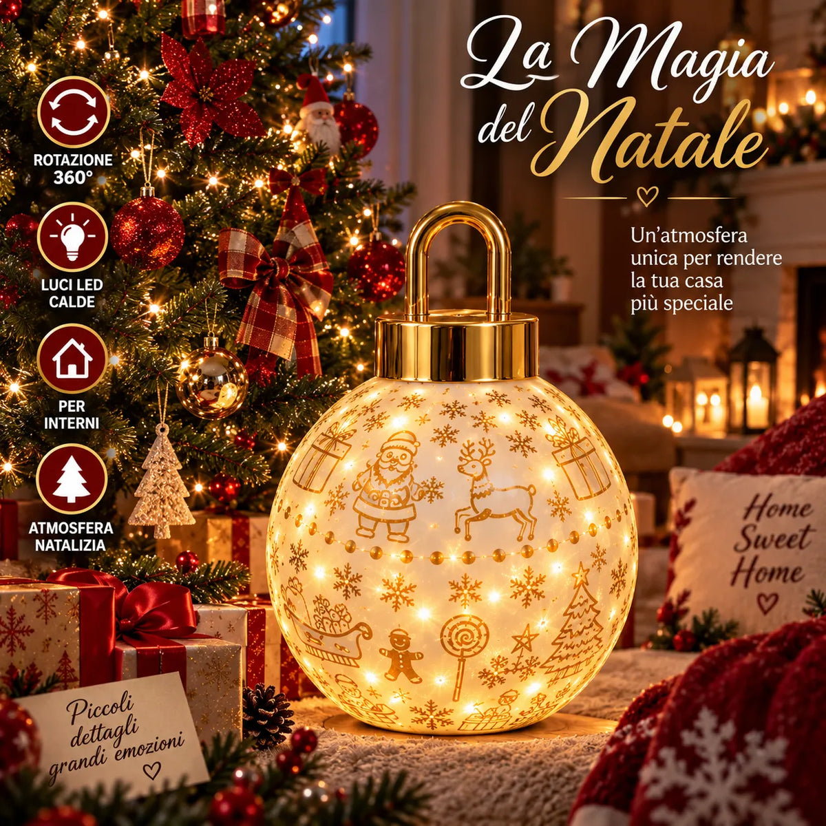 Palla di Natale luminosa LED dorata con maniglia e decorazioni illuminate