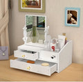Specchio cosmetico bianco con cassetti e vano portaoggetti, base in legno