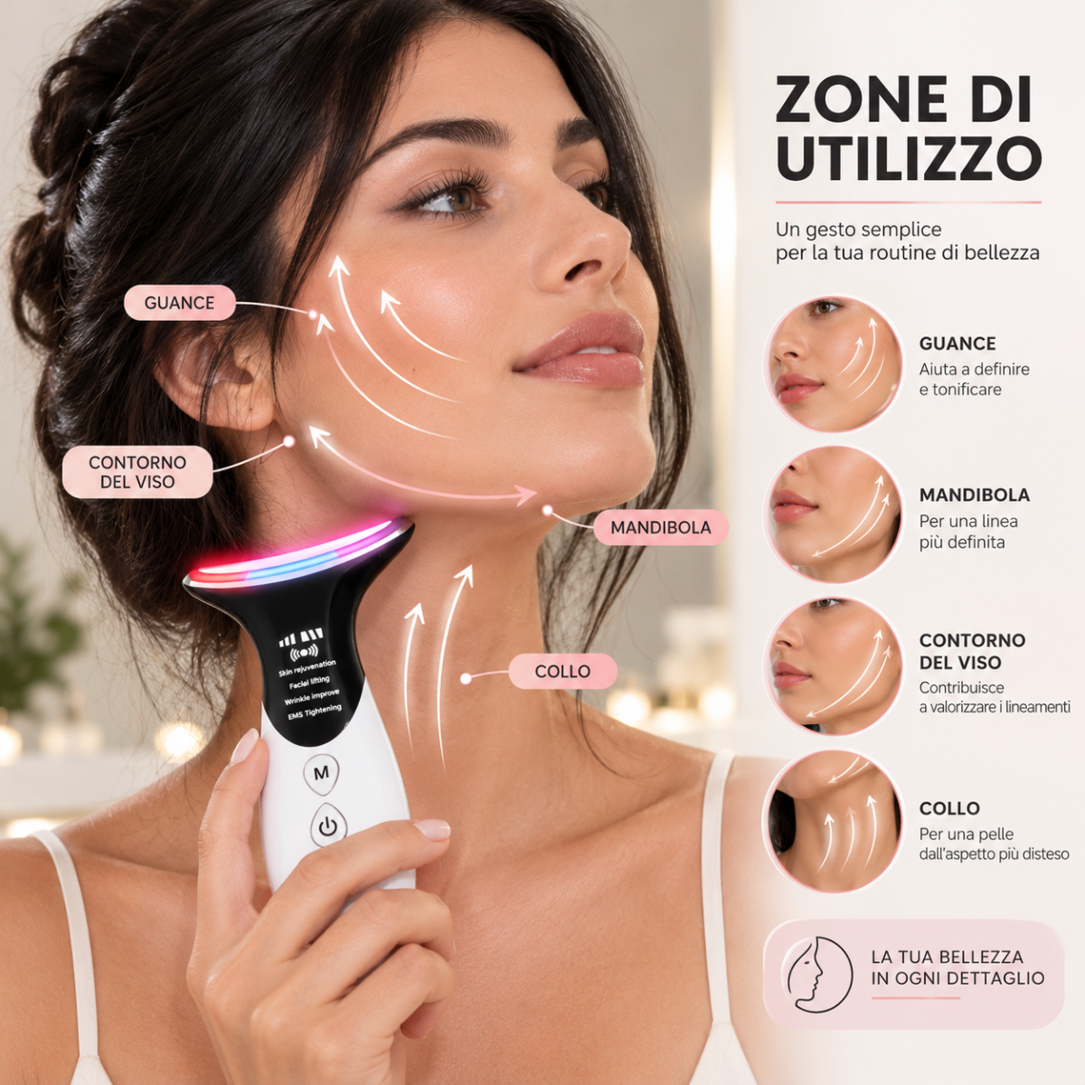 Massaggiatore viso e collo LED ricaricabile: testina curva per guance e collo