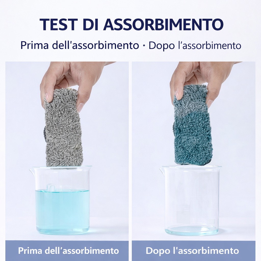 Due panni in microfibra in mano: grigio e azzurro sopra bicchiere
