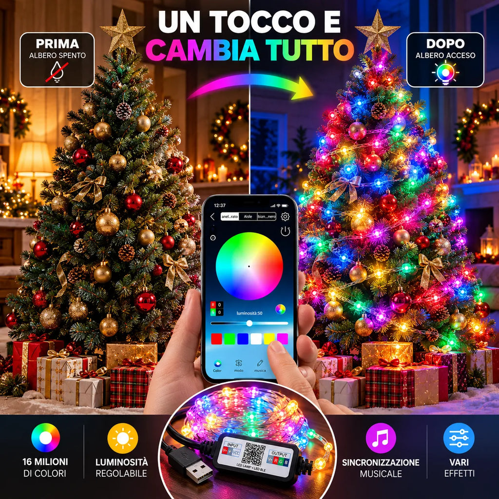 Luci LED RGB con smartphone e modulo USB, effetto prima e dopo