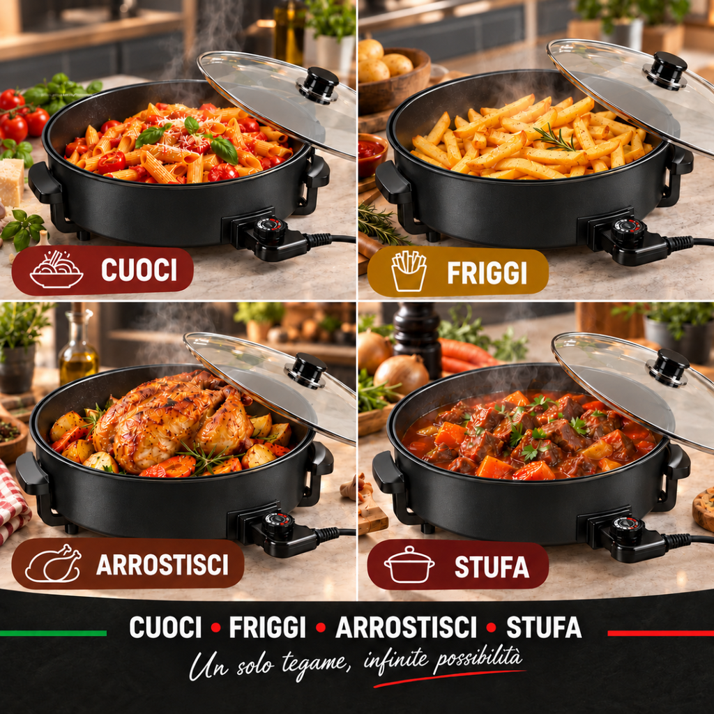 Padella elettrica multifunzione antiaderente nera con coperchio e quattro preparazioni