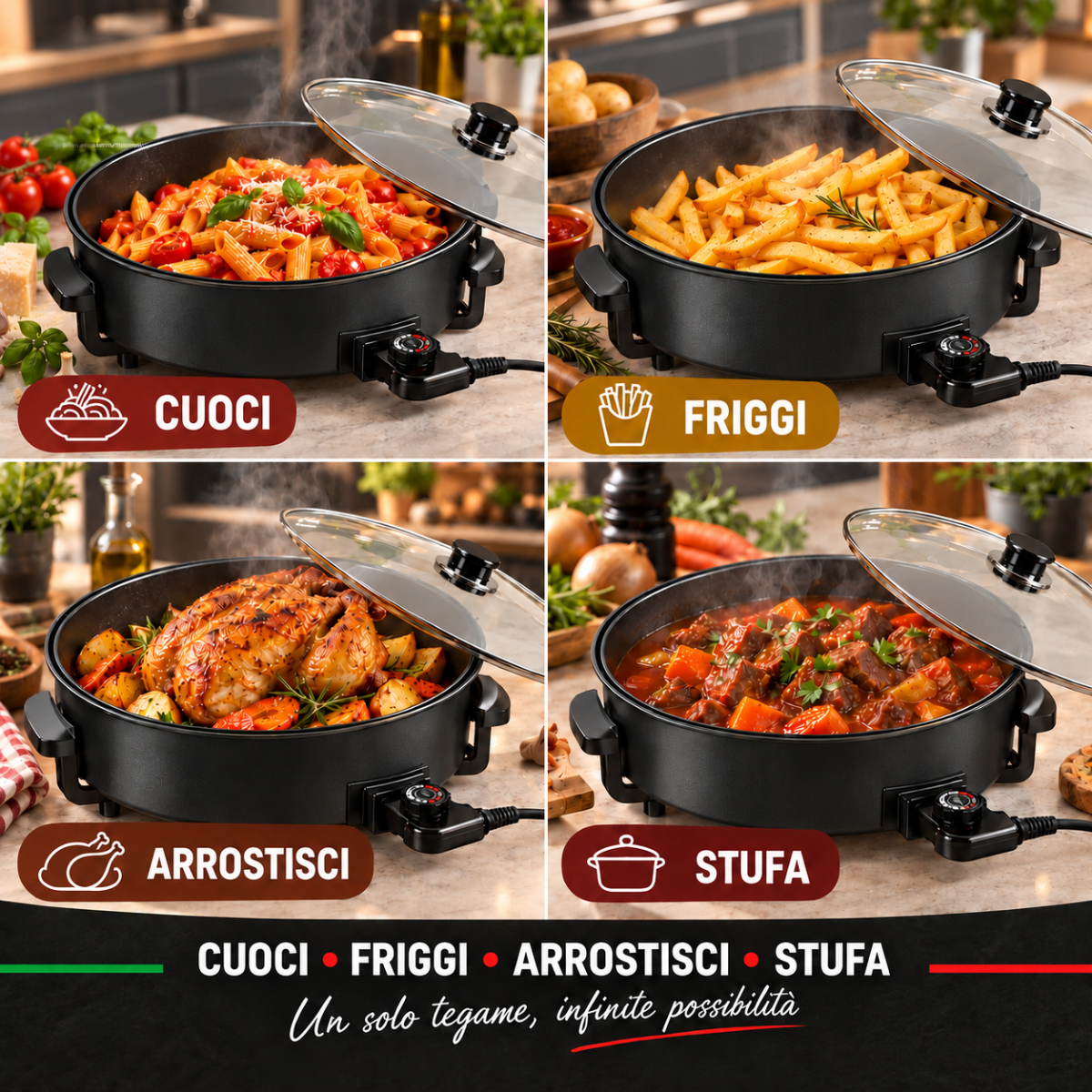 Padella elettrica multifunzione antiaderente nera con coperchio e quattro preparazioni