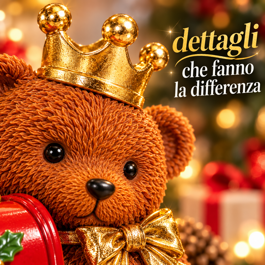Primo piano Orsetto di Natale marrone con corona dorata e fiocco, con cassetta rossa