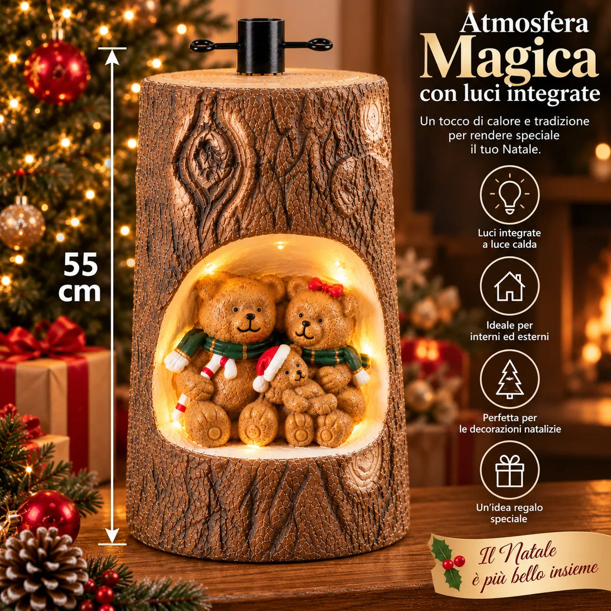 Tronco natalizio in finto legno con famiglia di orsetti e luci integrate accese.
