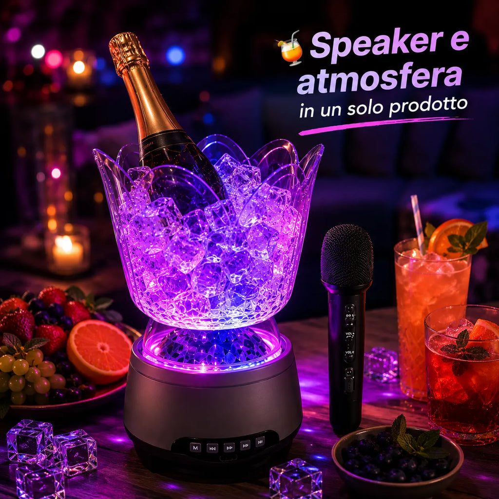 Altoparlante secchiello ghiaccio con microfono, luce LED viola e bottiglia in vista.