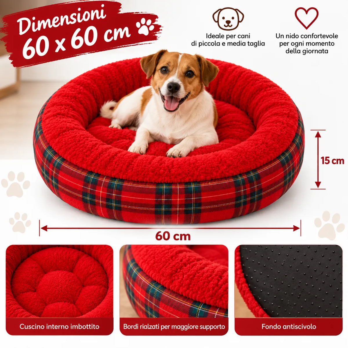 Cuccia 60x60 cm rotonda, bordo tartan e base antiscivolo a puntini