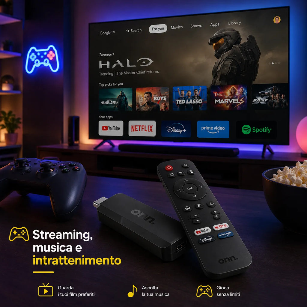 Stick streaming ONN nero e telecomando nero davanti alla TV
