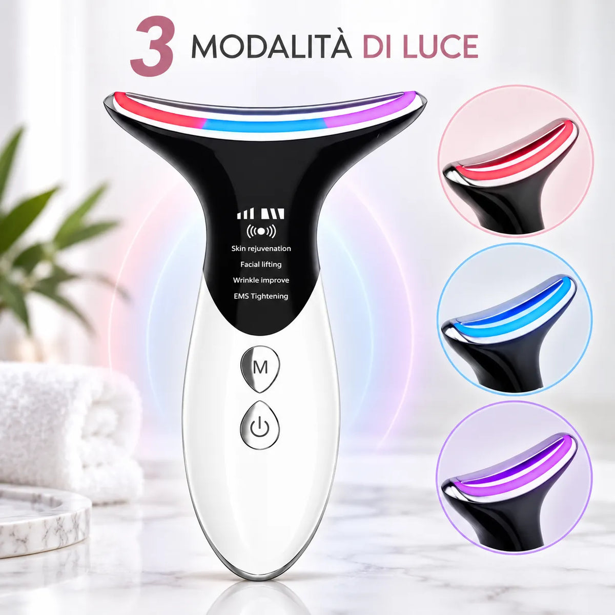 Massaggiatore viso e collo LED ricaricabile con 3 modalità di luce e testina curva
