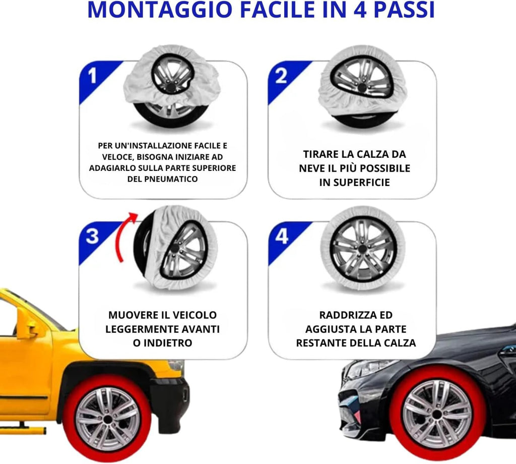 Calze da neve rosse su ruote: guida di montaggio in 4 passi, con auto.