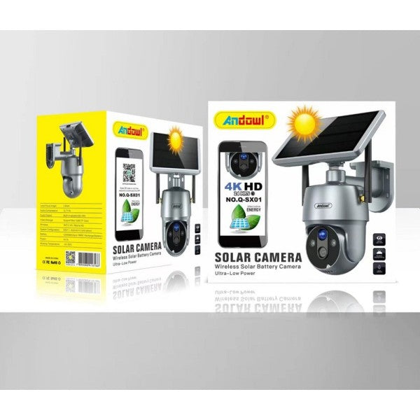 Telecamera solare con pannello nero e confezione con etichetta, corpo grigio