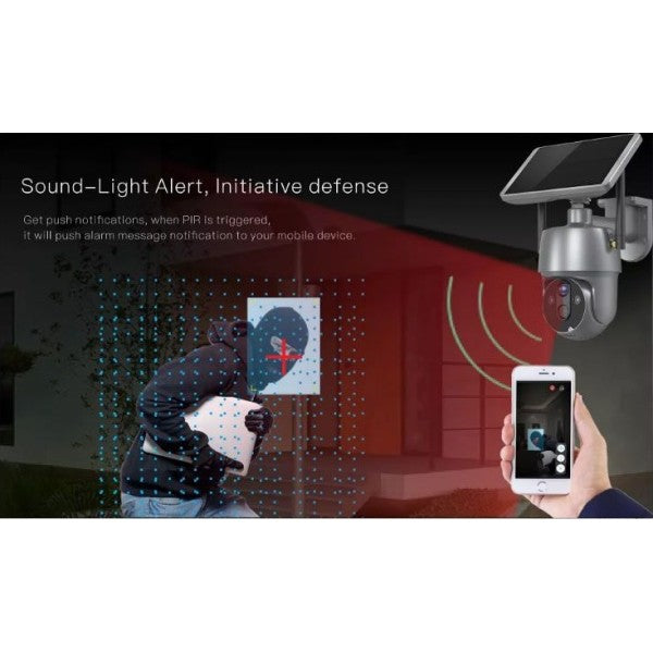 Telecamera da sicurezza con pannello solare inclinato e alloggiamento grigio, lente frontale
