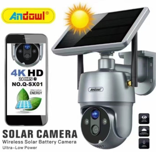 Telecamera solare Wi‑Fi con pannello nero e supporto a parete grigio, lato cablato