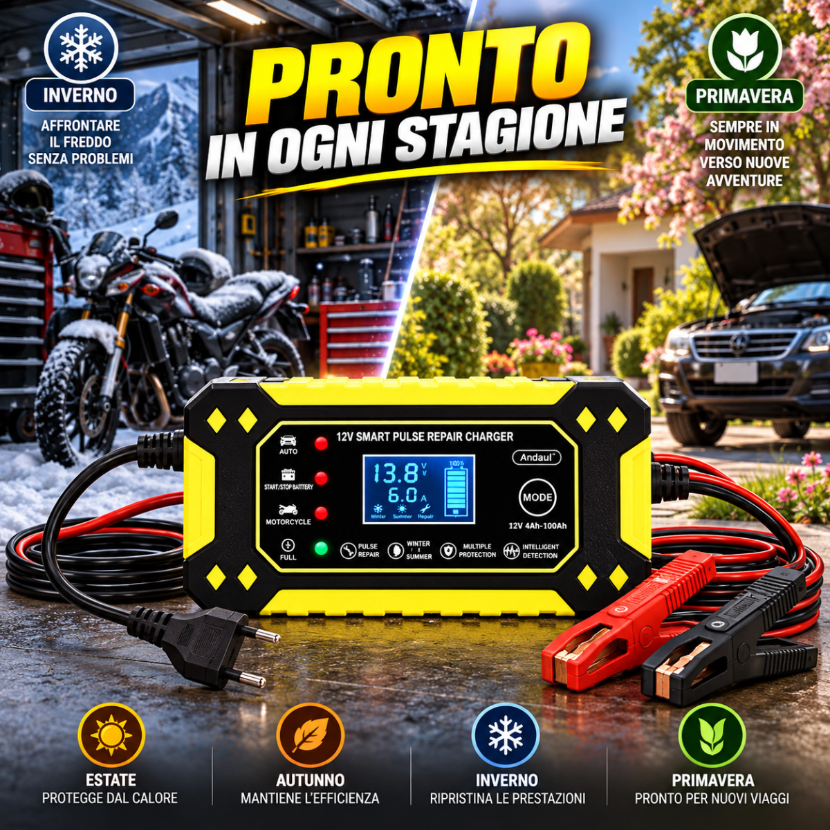 Caricabatterie Intelligente Auto e Moto 12V 6A con Display LCD, Riparazione a Impulsi, Protezione Automatica e Morsetti – Modello Q-DP1520 - | Prendilo Subito