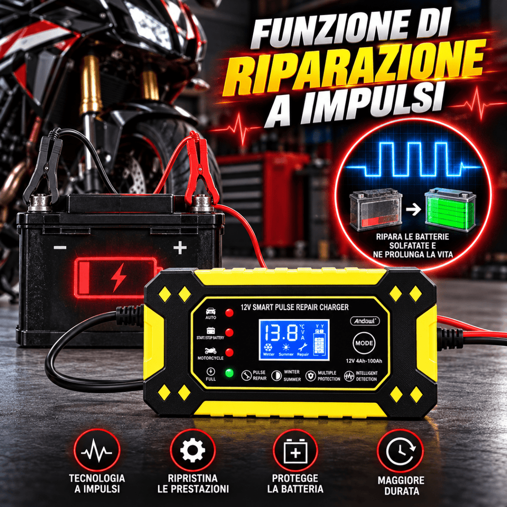 Caricabatterie Intelligente Auto e Moto 12V 6A con Display LCD, Riparazione a Impulsi, Protezione Automatica e Morsetti – Modello Q-DP1520 - | Prendilo Subito