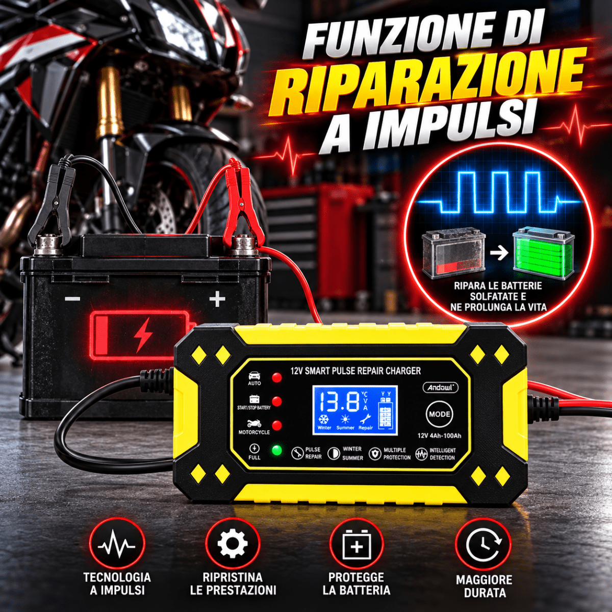 Caricabatterie Intelligente Auto e Moto 12V 6A con Display LCD, Riparazione a Impulsi, Protezione Automatica e Morsetti – Modello Q-DP1520 - | Prendilo Subito