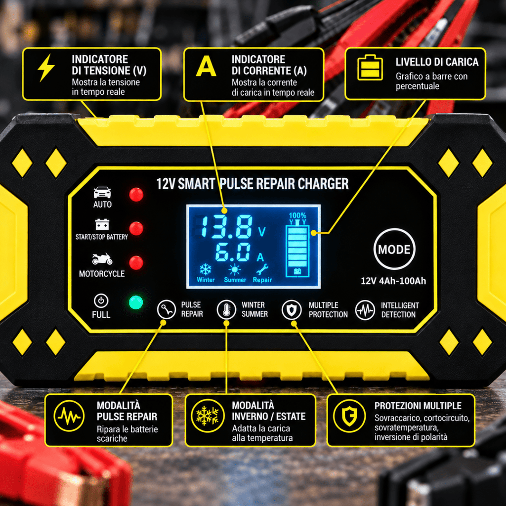 Caricabatterie Intelligente Auto e Moto 12V 6A con Display LCD, Riparazione a Impulsi, Protezione Automatica e Morsetti – Modello Q-DP1520 - | Prendilo Subito