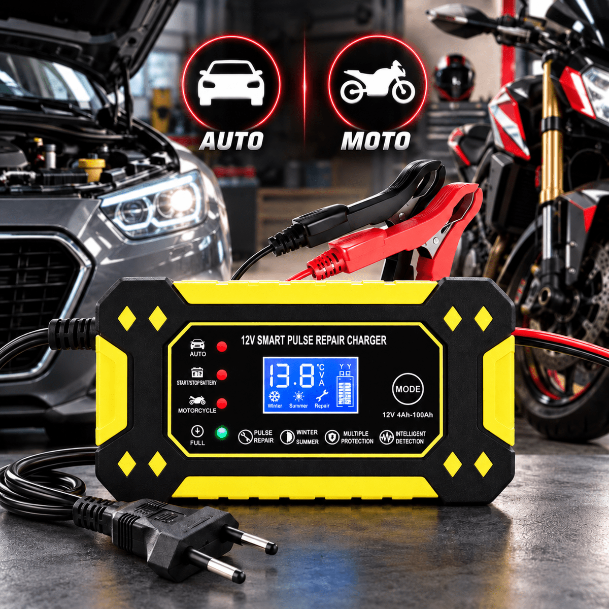 Caricabatterie Intelligente Auto e Moto 12V 6A con Display LCD, Riparazione a Impulsi, Protezione Automatica e Morsetti – Modello Q-DP1520 - | Prendilo Subito