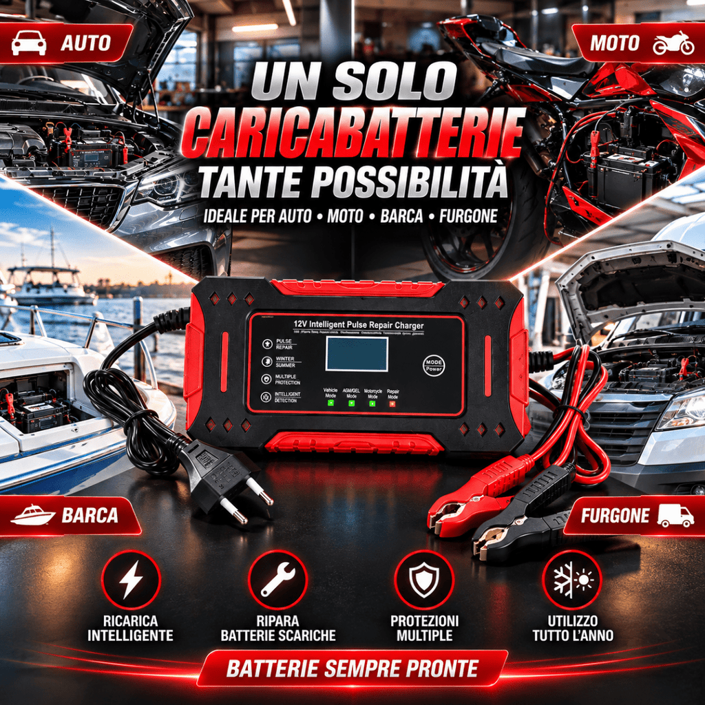 Caricabatterie Intelligente Auto e Moto 12V con Display Digitale LCD, Riparazione a Impulsi, Protezione Automatica e Morsetti – Nero e Rosso - | Prendilo Subito