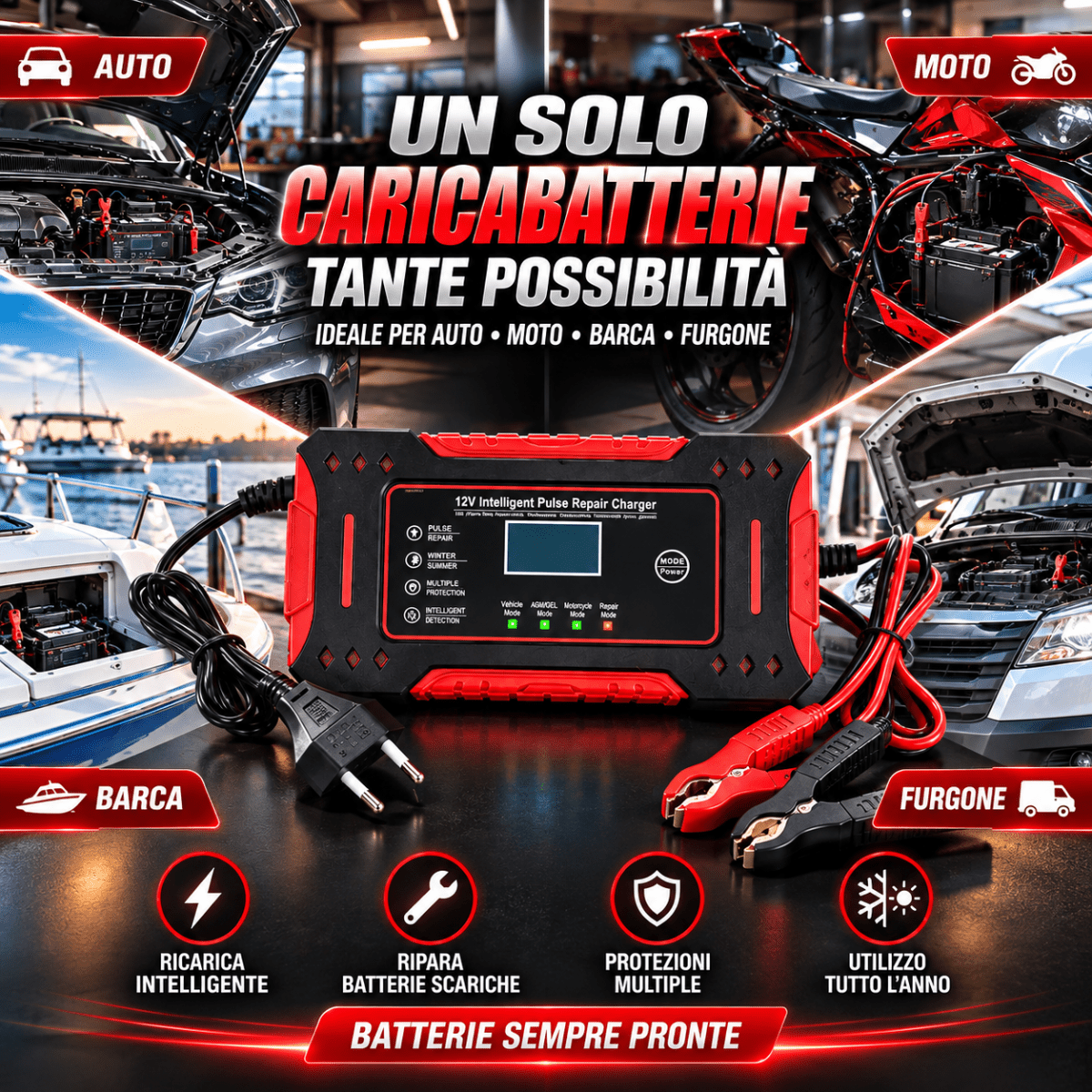 Caricabatterie Intelligente Auto e Moto 12V con Display Digitale LCD, Riparazione a Impulsi, Protezione Automatica e Morsetti – Nero e Rosso - | Prendilo Subito
